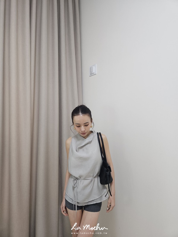 腰綁繩削肩垂領天絲上衣